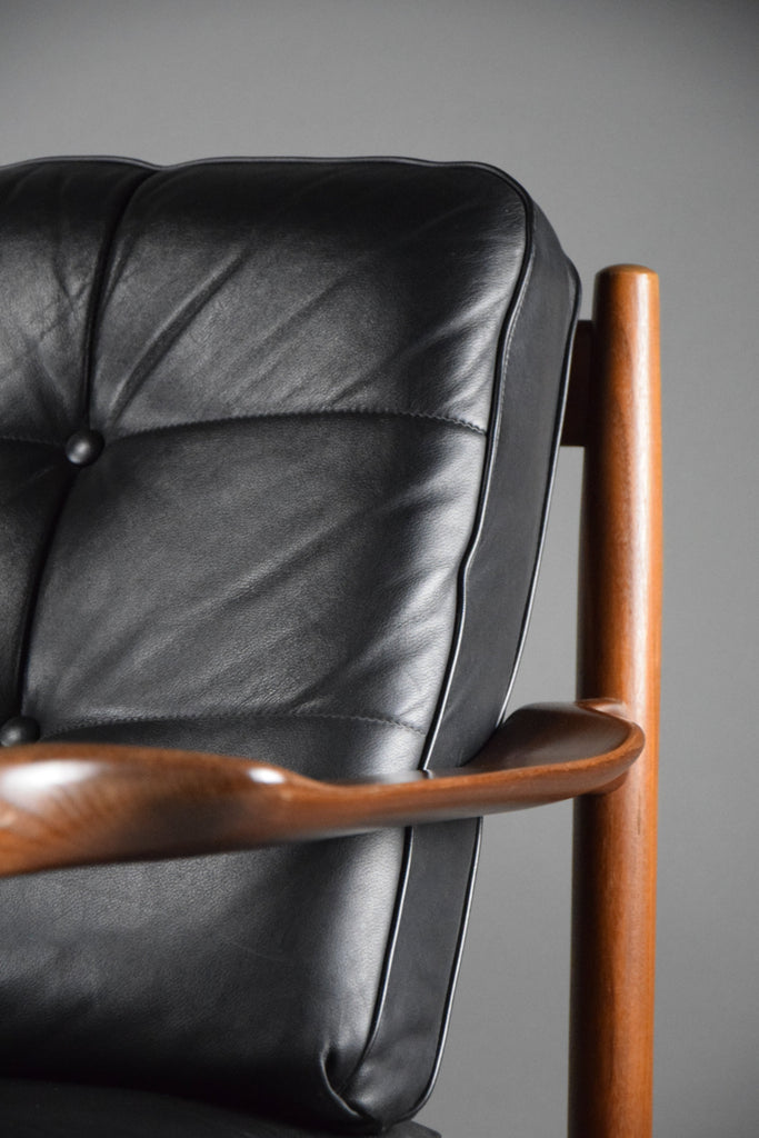 Mid century modern Scandinavian Jatoba wood and black leather armchair - Furniture