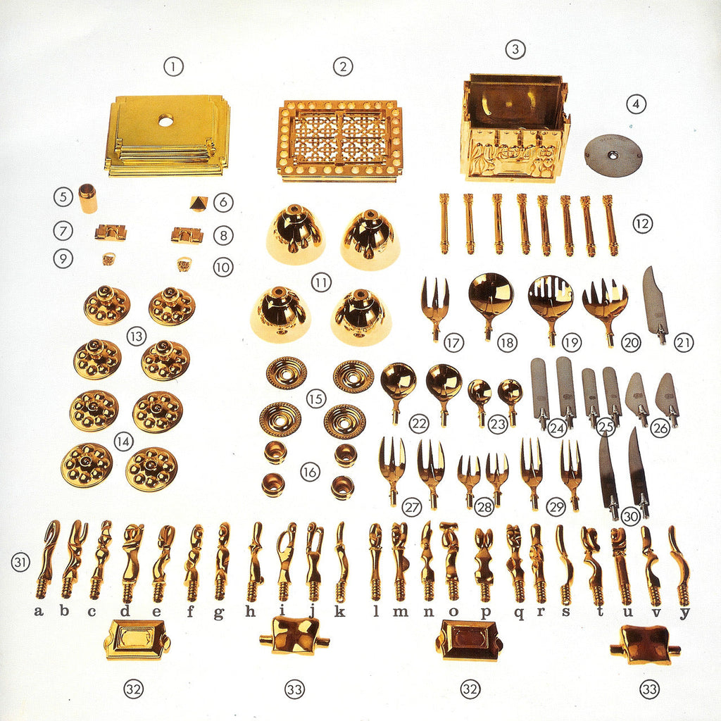 Miguel Berrocal “Il Cofanetto” (Opus 123) 1969–1975 complete 88-piece gold-plated Zamak dining set for two homage