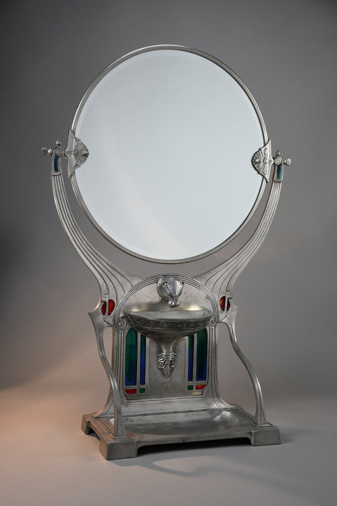 Monumental WMF Jugendstil Alpacca silver-plated vanity mirror with polychrome inlays c. 1900 - Mirrors