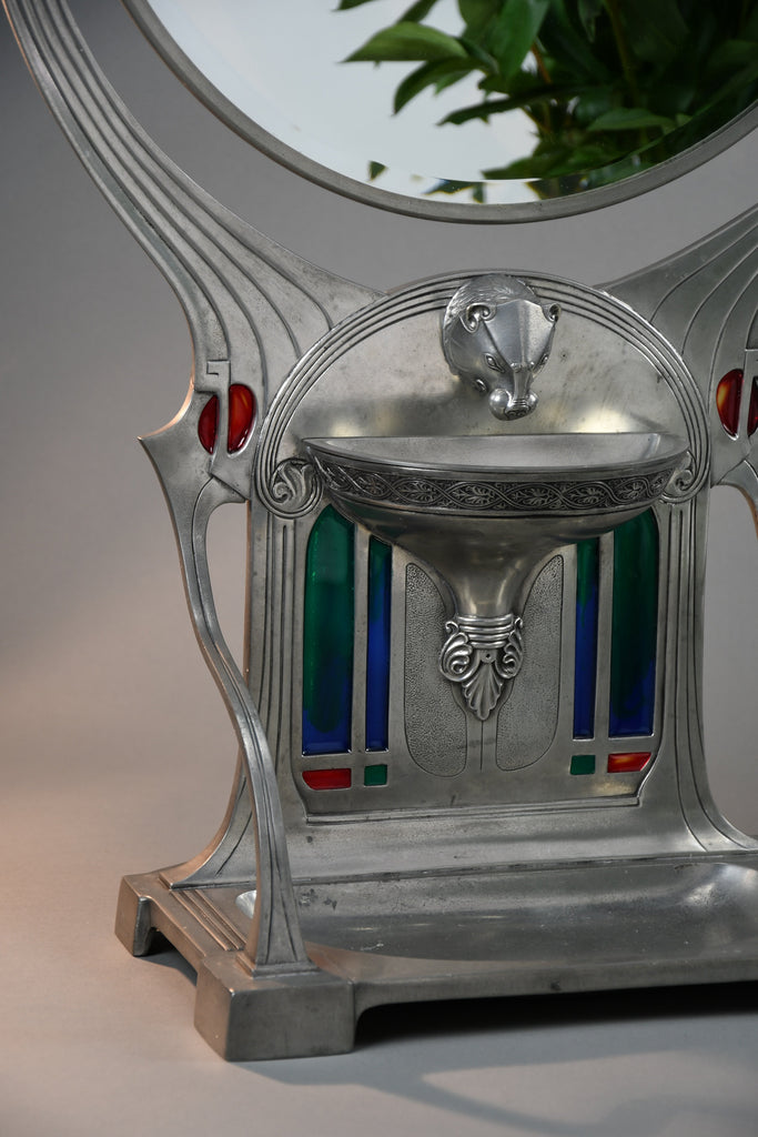 Monumental WMF Jugendstil Alpacca silver-plated vanity mirror with polychrome inlays c. 1900 - Mirrors
