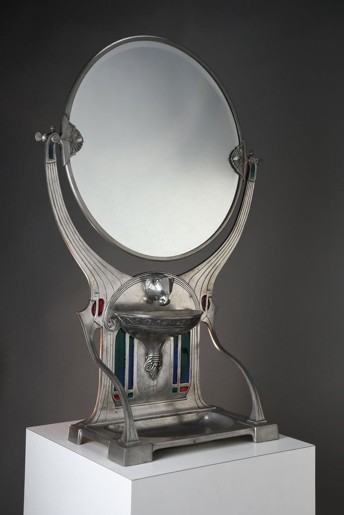 Monumental WMF Jugendstil Alpacca silver-plated vanity mirror with polychrome inlays c. 1900 - Mirrors