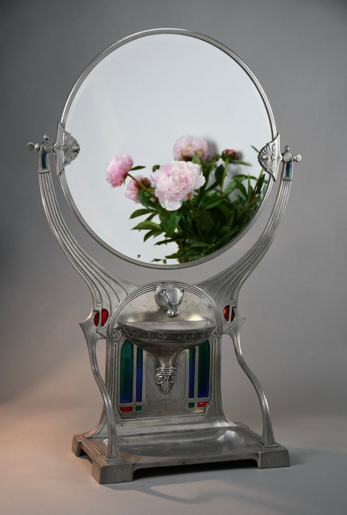 Monumental WMF Jugendstil Alpacca silver-plated vanity mirror with polychrome inlays c. 1900 - Mirrors