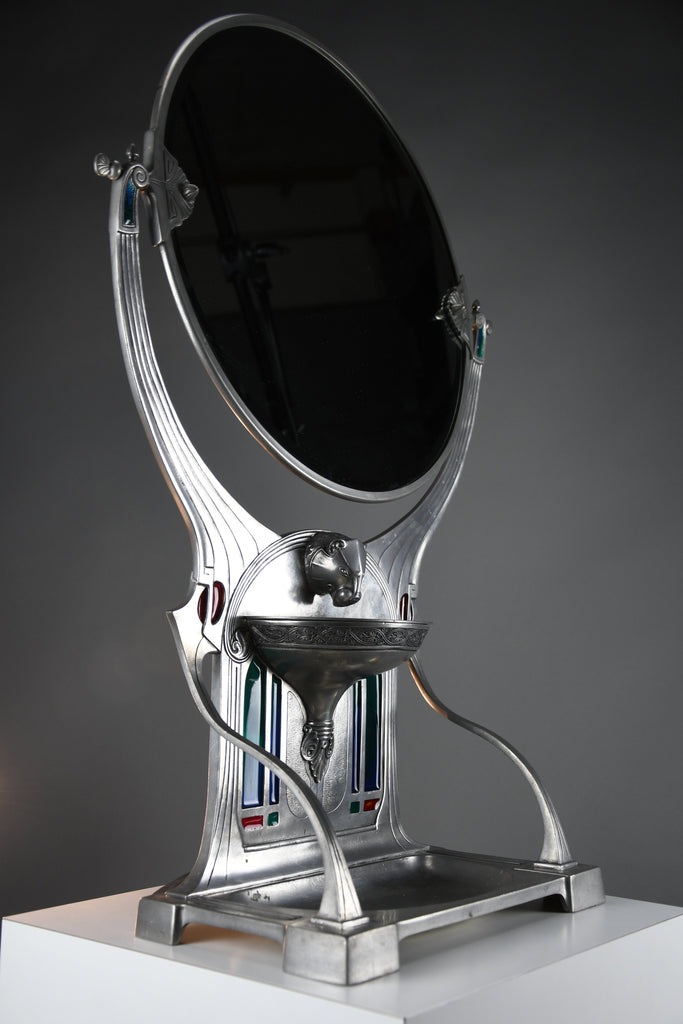 Monumental WMF Jugendstil Alpacca silver-plated vanity mirror with polychrome inlays c. 1900 - Mirrors