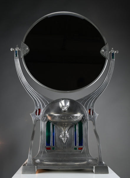 Monumental WMF Jugendstil Alpacca silver-plated vanity mirror with polychrome inlays c. 1900 - Mirrors