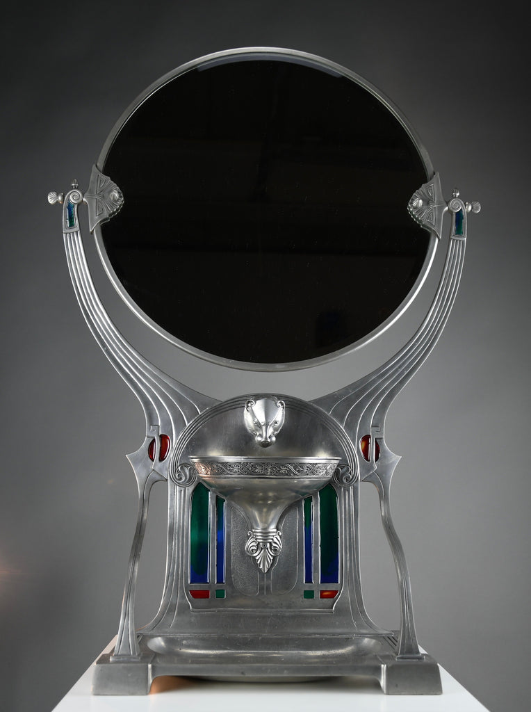 Monumental WMF Jugendstil Alpacca silver-plated vanity mirror with polychrome inlays c. 1900 - Mirrors