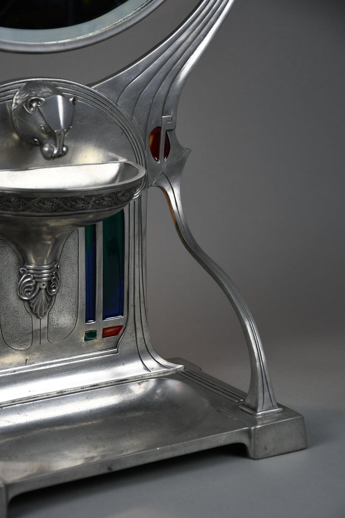 Monumental WMF Jugendstil Alpacca silver-plated vanity mirror with polychrome inlays c. 1900 - Mirrors