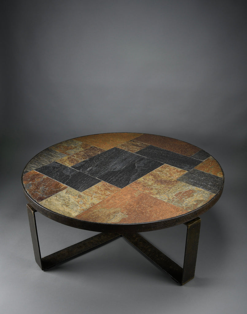 Paul Kingma Brutalist Round Coffee Table in Norwegian Slate Concrete and Hammered Brass Netherlands 1970s - Furniture