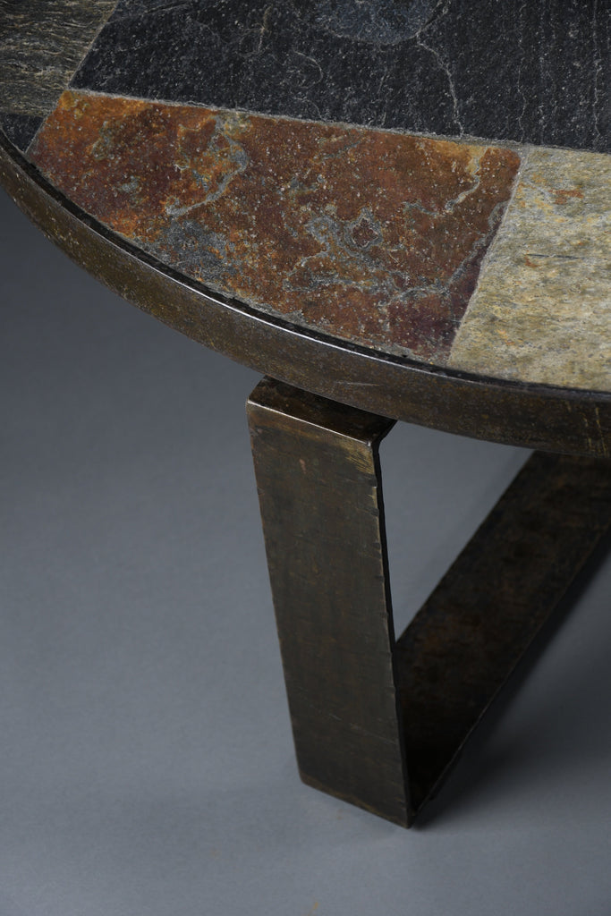 Paul Kingma Brutalist Round Coffee Table in Norwegian Slate Concrete and Hammered Brass Netherlands 1970s - Furniture