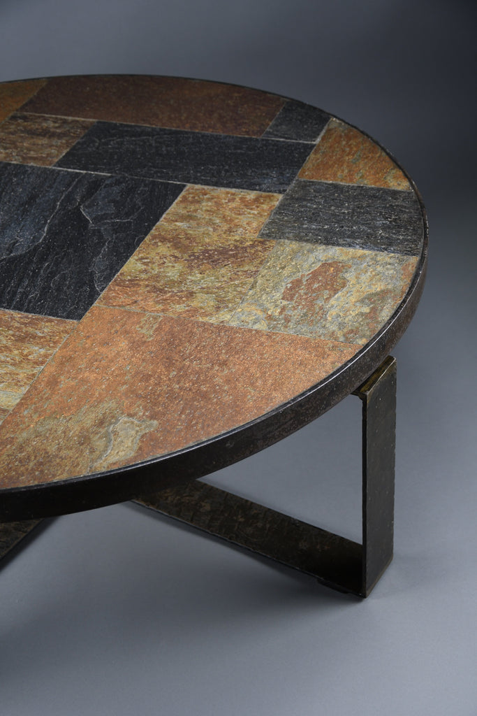 Paul Kingma Brutalist Round Coffee Table in Norwegian Slate Concrete and Hammered Brass Netherlands 1970s - Furniture