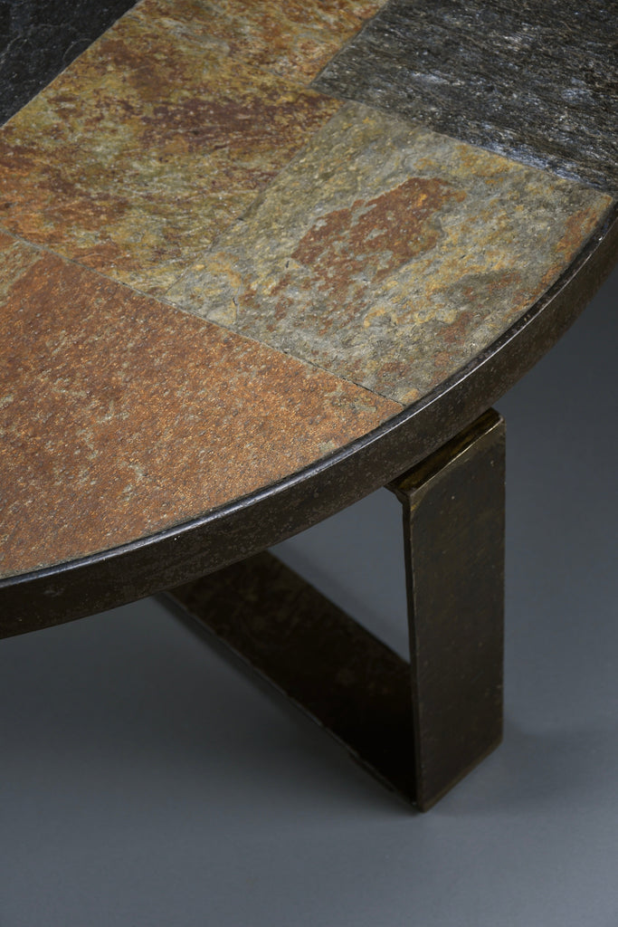 Paul Kingma Brutalist Round Coffee Table in Norwegian Slate Concrete and Hammered Brass Netherlands 1970s - Furniture