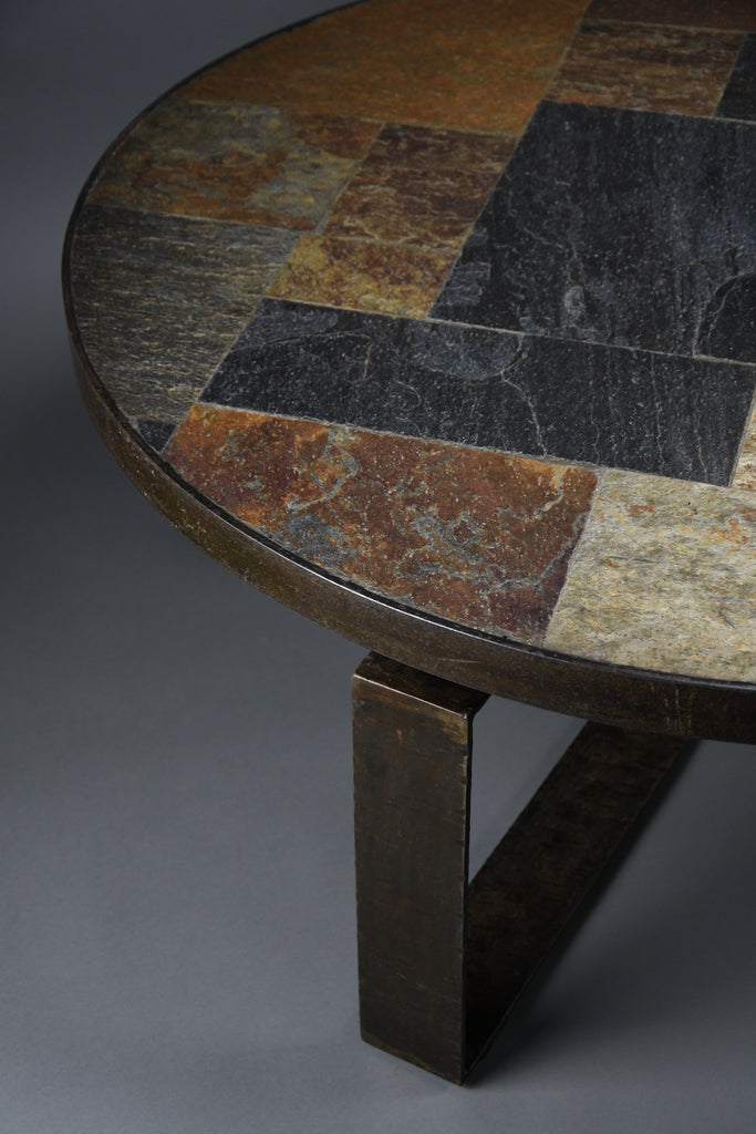 Paul Kingma Brutalist Round Coffee Table in Norwegian Slate Concrete and Hammered Brass Netherlands 1970s - Furniture