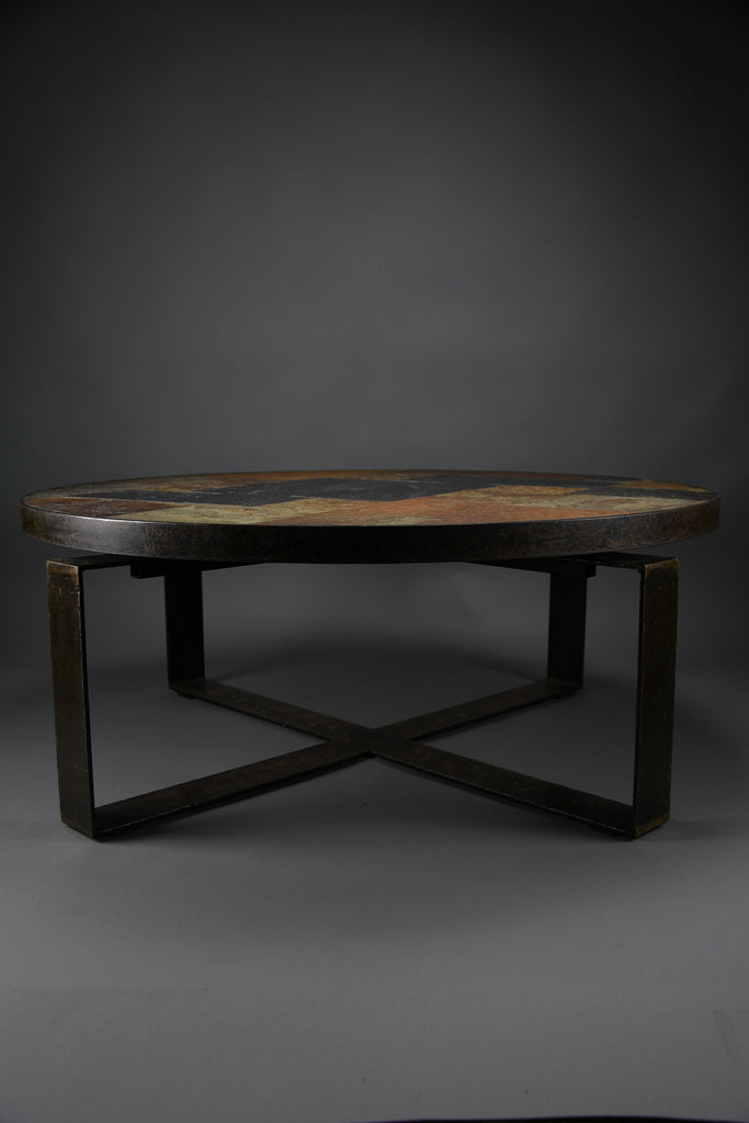 Paul Kingma Brutalist Round Coffee Table in Norwegian Slate Concrete and Hammered Brass Netherlands 1970s - Furniture