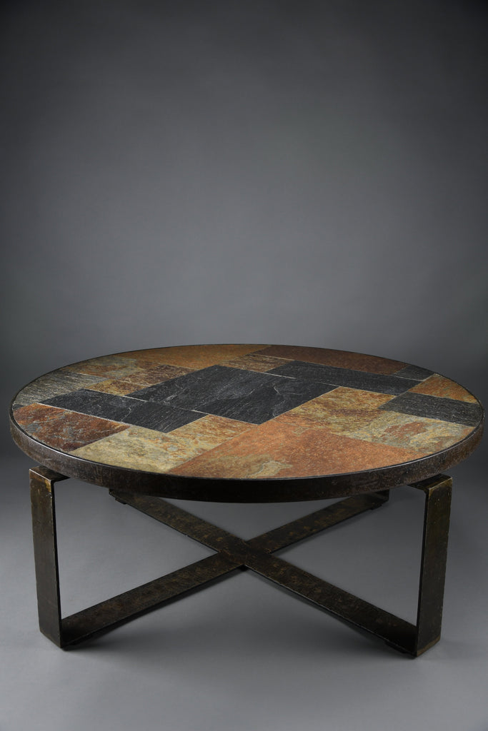 Paul Kingma Brutalist Round Coffee Table in Norwegian Slate Concrete and Hammered Brass Netherlands 1970s - Furniture