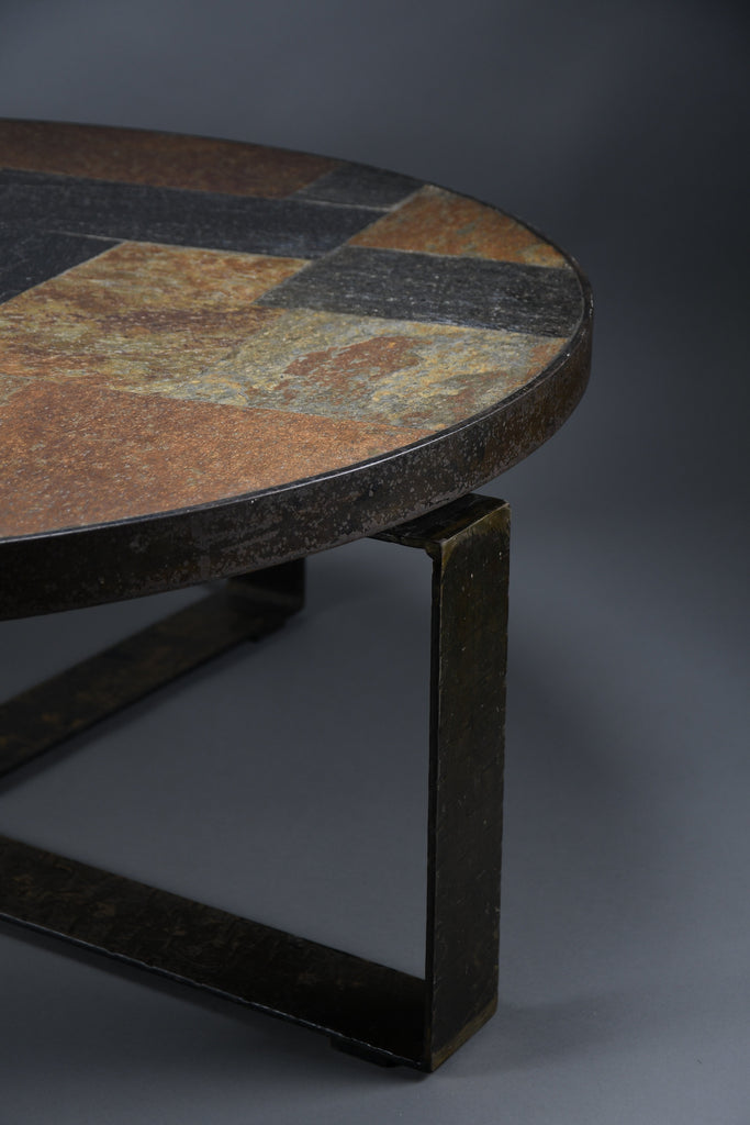Paul Kingma Brutalist Round Coffee Table in Norwegian Slate Concrete and Hammered Brass Netherlands 1970s - Furniture