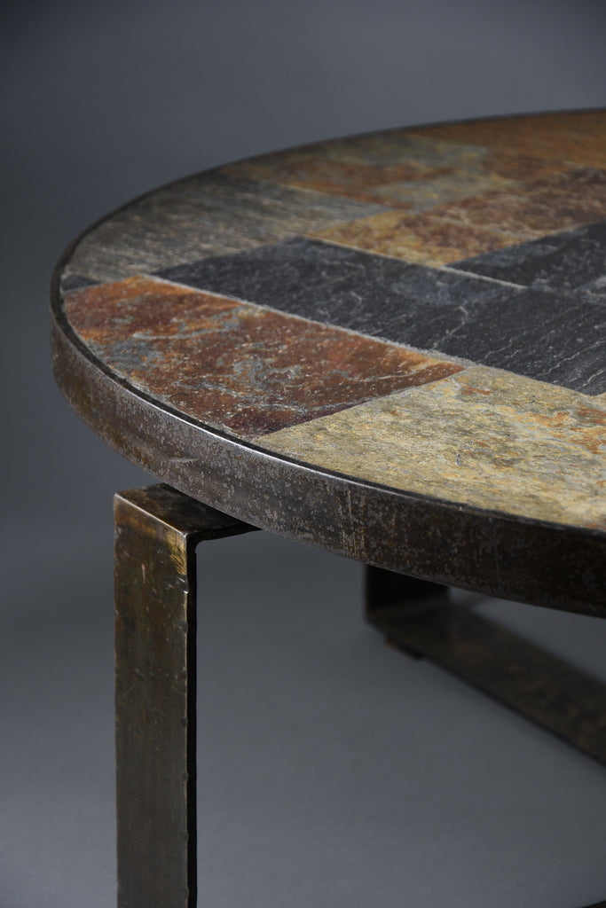 Paul Kingma Brutalist Round Coffee Table in Norwegian Slate Concrete and Hammered Brass Netherlands 1970s - Furniture