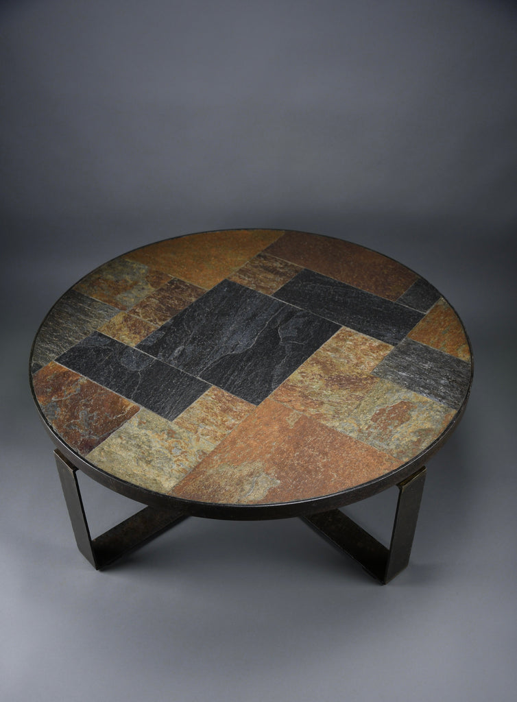 Paul Kingma Brutalist Round Coffee Table in Norwegian Slate Concrete and Hammered Brass Netherlands 1970s - Furniture