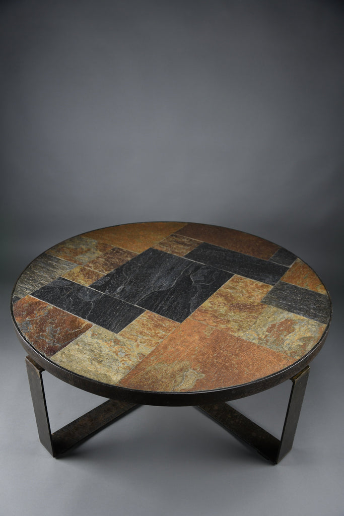 Paul Kingma Brutalist Round Coffee Table in Norwegian Slate Concrete and Hammered Brass Netherlands 1970s - Furniture