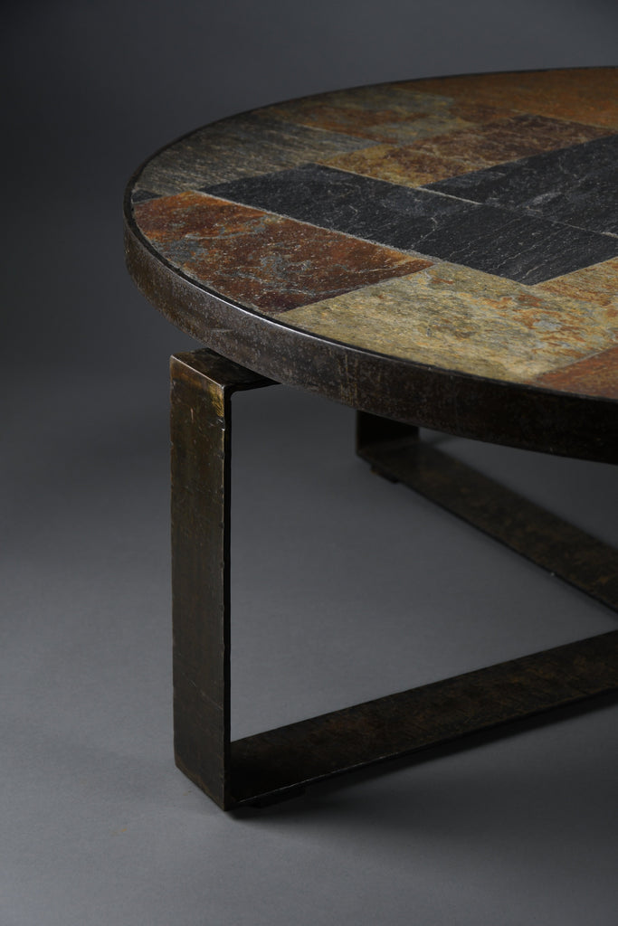 Paul Kingma Brutalist Round Coffee Table in Norwegian Slate Concrete and Hammered Brass Netherlands 1970s - Furniture
