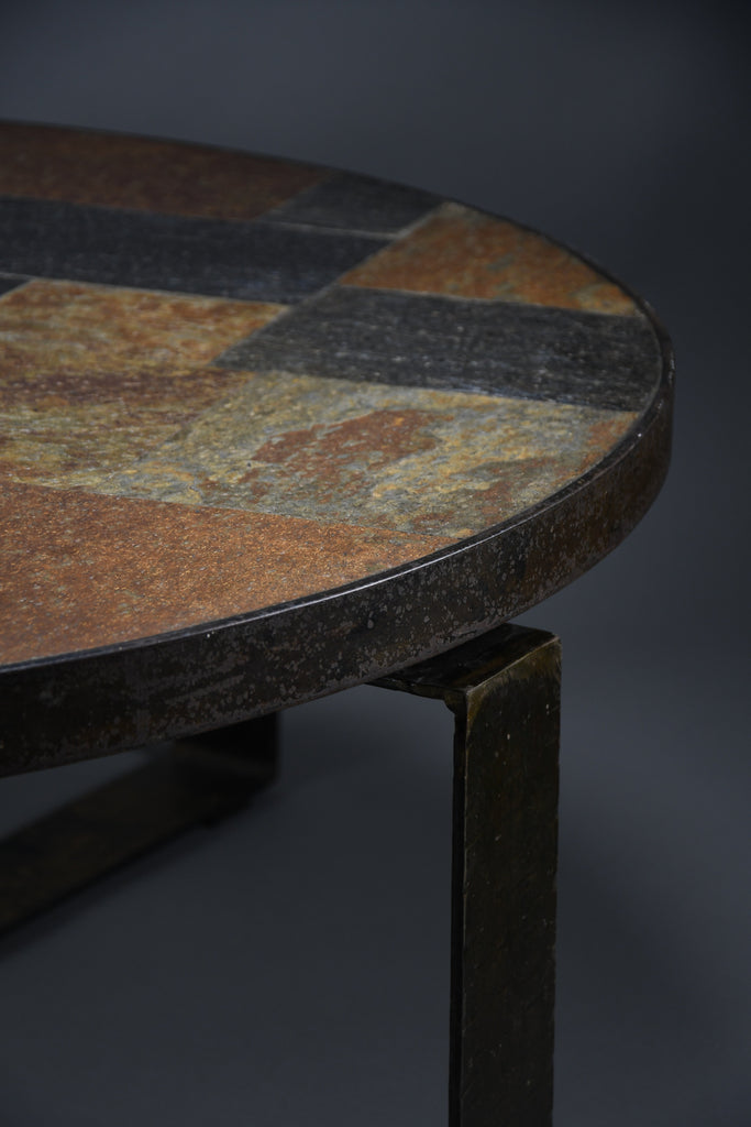 Paul Kingma Brutalist Round Coffee Table in Norwegian Slate Concrete and Hammered Brass Netherlands 1970s - Furniture