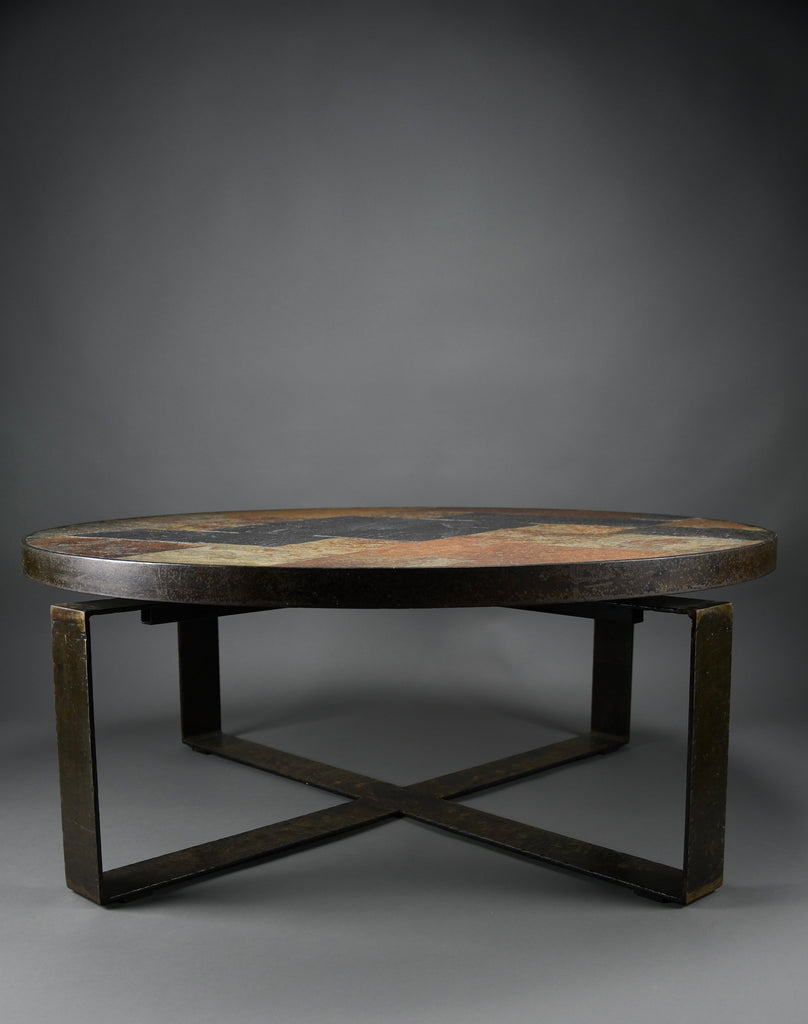 Paul Kingma Brutalist Round Coffee Table in Norwegian Slate Concrete and Hammered Brass Netherlands 1970s - Furniture