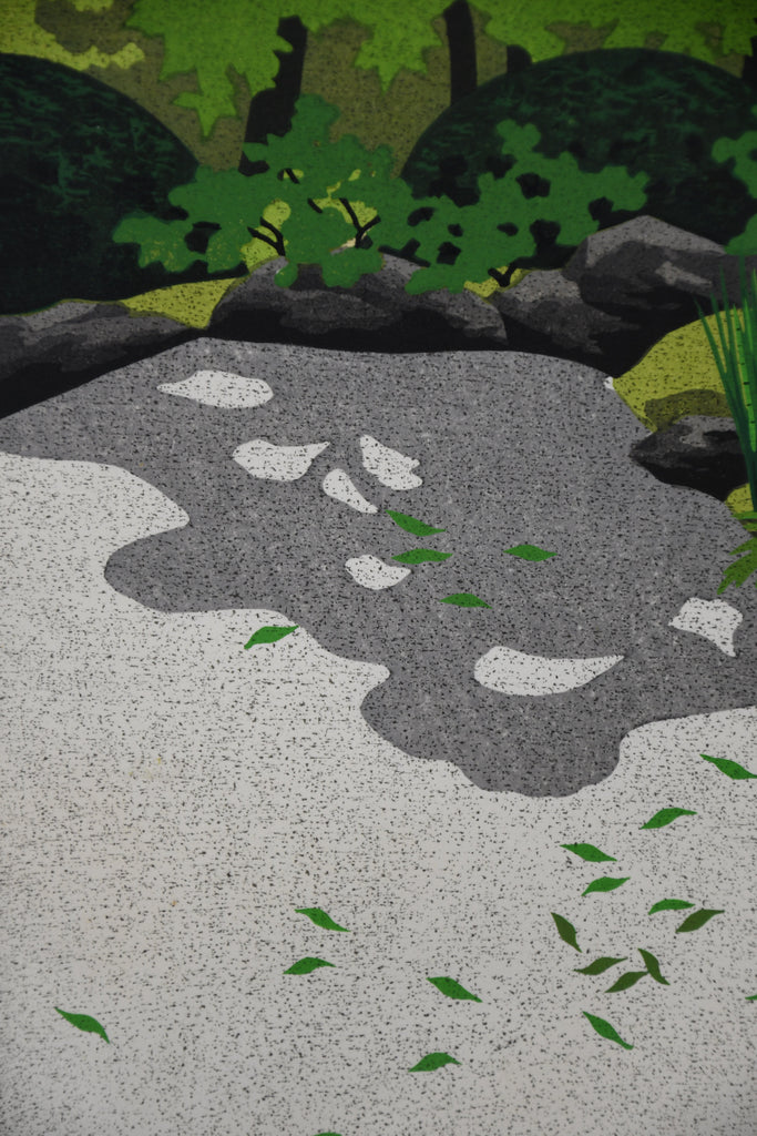 Ryokufu (Green Breeze), Zen Garden Tsukubai woodblock print by Masao Ido - Art