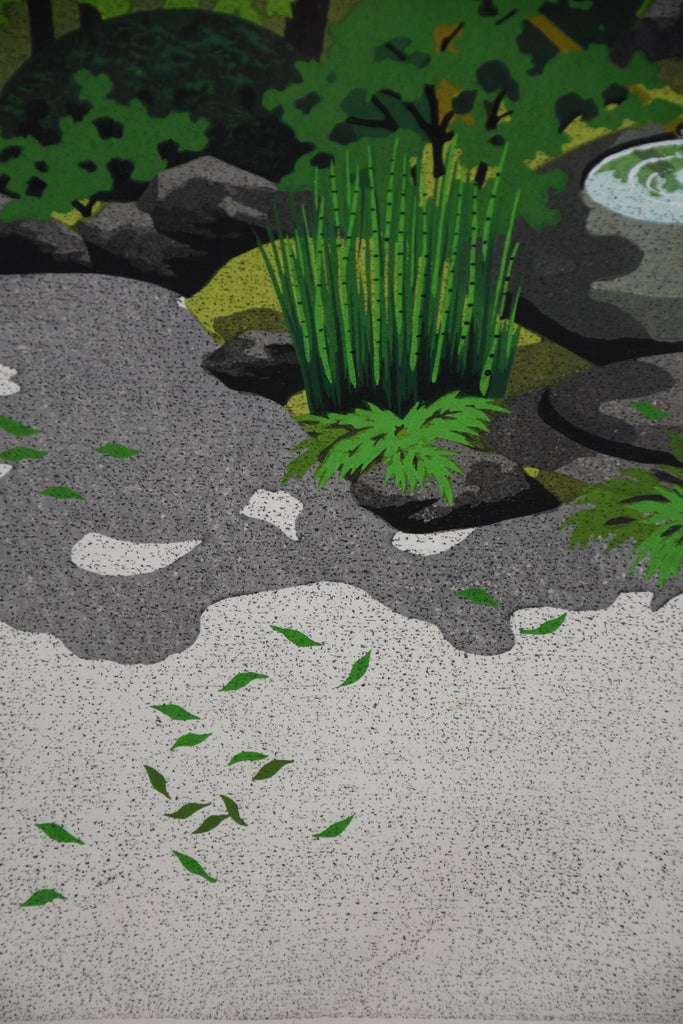Ryokufu (Green Breeze), Zen Garden Tsukubai woodblock print by Masao Ido - Art