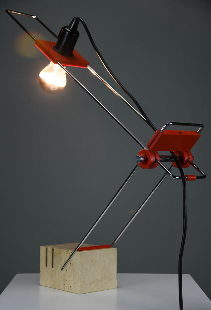 Sculptural adjustable table lamp by Fratelli Mannelli Italy 1970s, Travertine chrome & red plastic - lighting