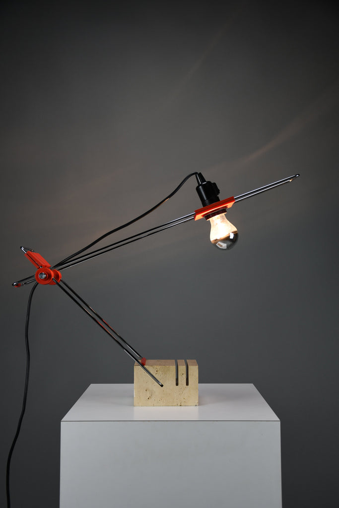 Sculptural adjustable table lamp by Fratelli Mannelli Italy 1970s, Travertine chrome & red plastic - lighting