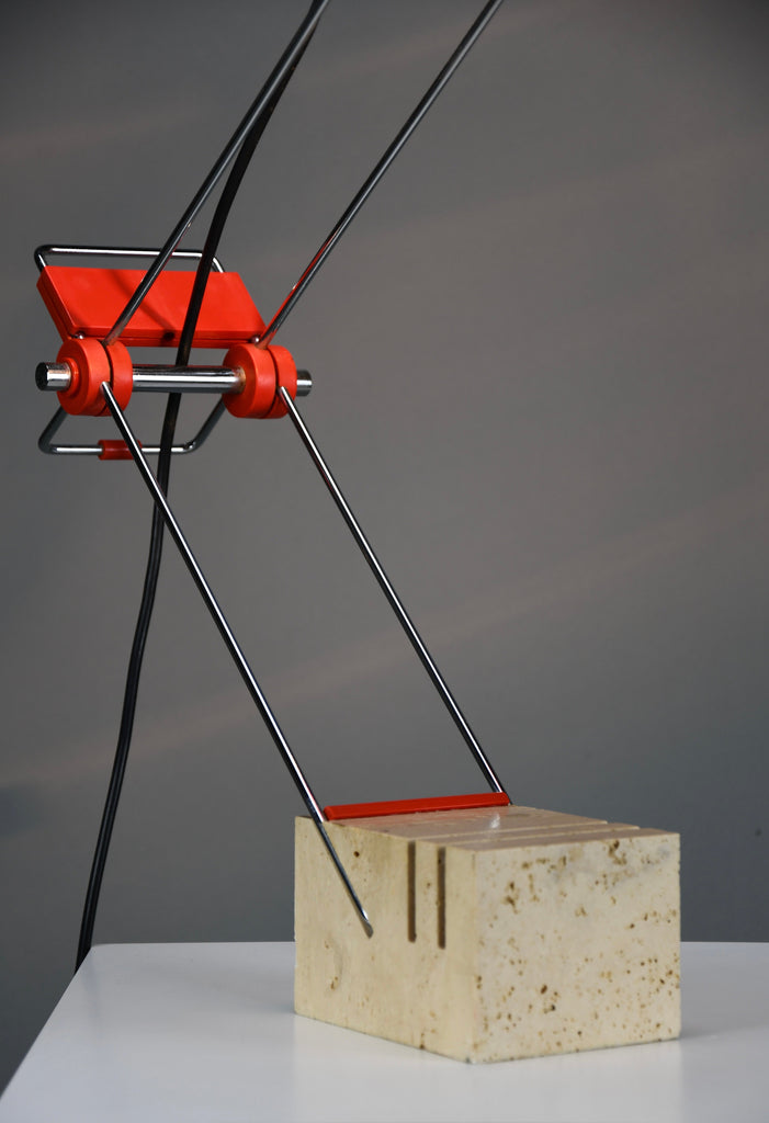 Sculptural adjustable table lamp by Fratelli Mannelli Italy 1970s, Travertine chrome & red plastic - lighting