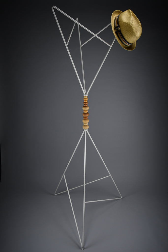 Sculptural white lacquered steel coat stand with turned wooden beads post modern style - Furniture