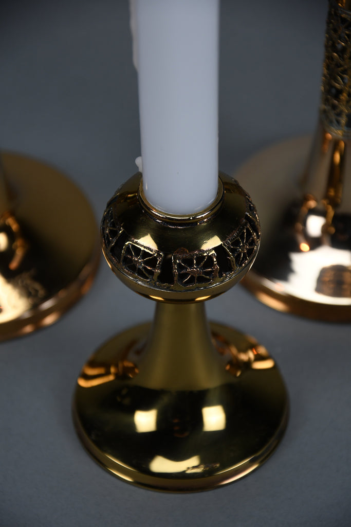 Set of three Scandinavian Modern Pitsi copper candlesticks by Pentti Sarpaneva for Turun Hopea Finland 1960s - Decor