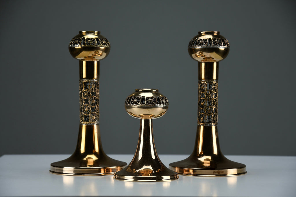 Set of three Scandinavian Modern Pitsi copper candlesticks by Pentti Sarpaneva for Turun Hopea Finland 1960s - Decor
