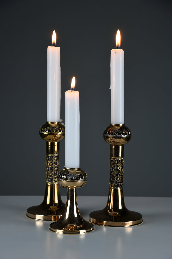 Set of three Scandinavian Modern Pitsi copper candlesticks by Pentti Sarpaneva for Turun Hopea Finland 1960s - Decor
