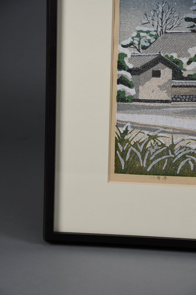 “Snowfall at Kawaradera”, Masao Ido original Japanese woodblock print 125/150 1987 - Art