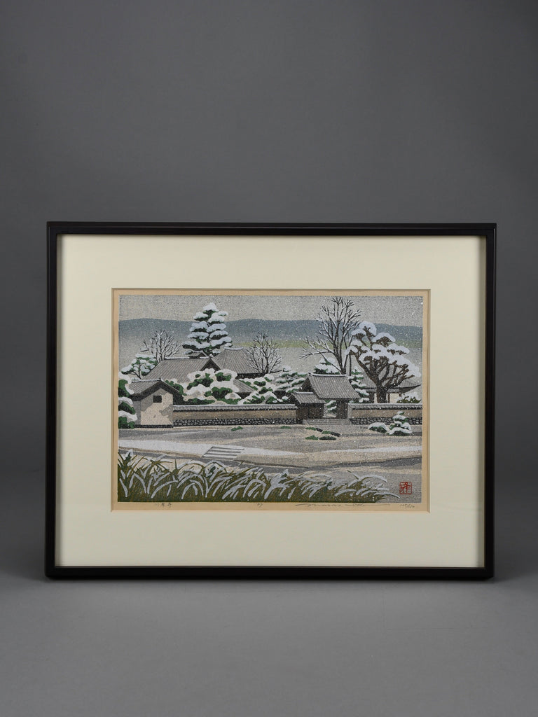 “Snowfall at Kawaradera”, Masao Ido original Japanese woodblock print 125/150 1987 - Art