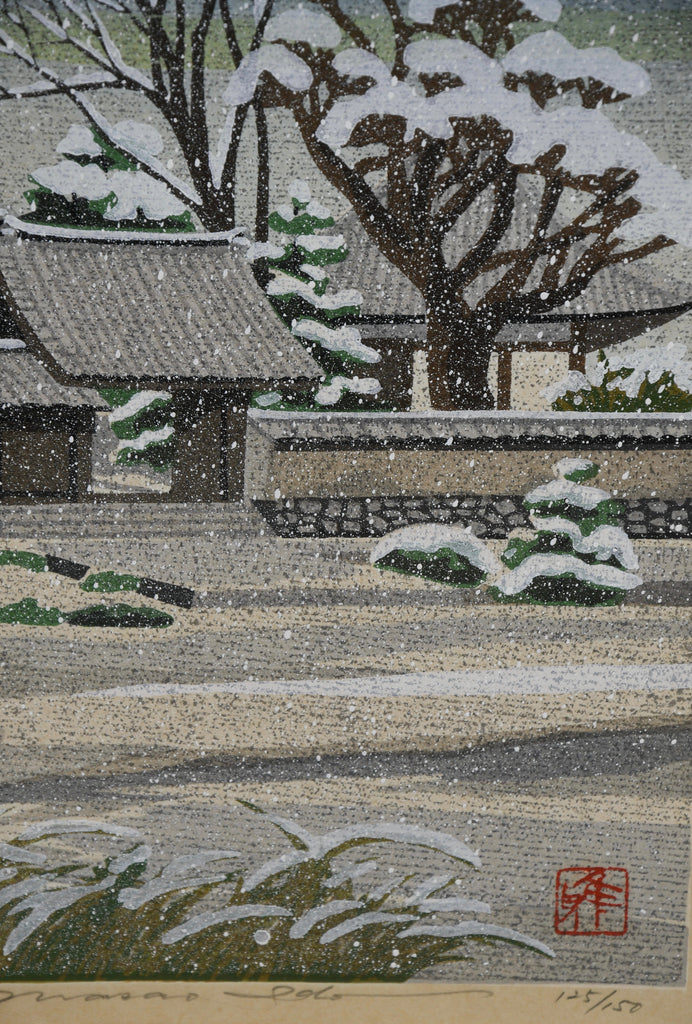 “Snowfall at Kawaradera”, Masao Ido original Japanese woodblock print 125/150 1987 - Art