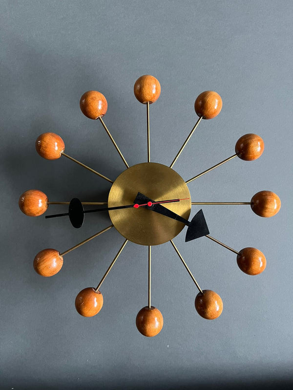 George Nelson Mid Century Ball Clock in Brass and Wood