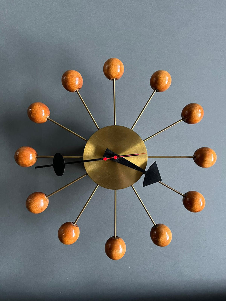 George Nelson Mid Century Ball Clock in Brass and Wood– Vintage