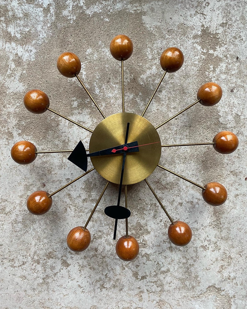 George Nelson Mid Century Ball Clock in Brass and Wood– Vintage